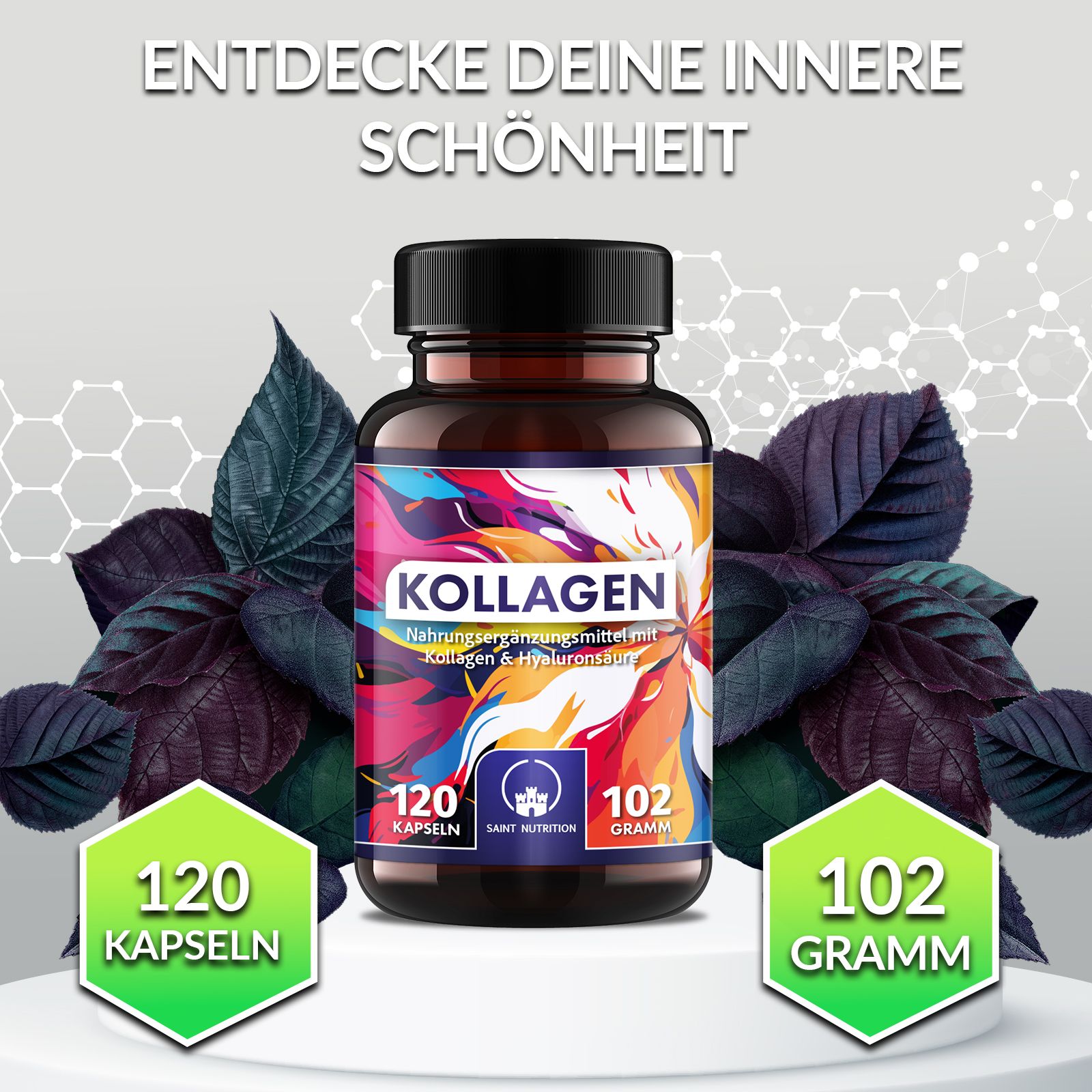Braune Flasche mit schwarzen Deckel und Etikett. Auf dem Etikett steht "KOLLAGEN" und "SAINT NUTRITION". 120 Kapseln, 102 Gramm.