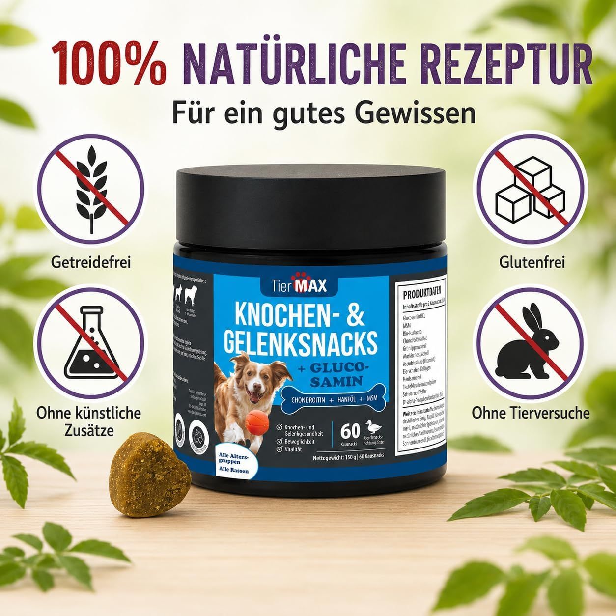 Tiermax Knochen- & Gelenksnacks: Getreidefrei, ohne künstliche Zusätze, glutenfrei, ohne Tierversuche.