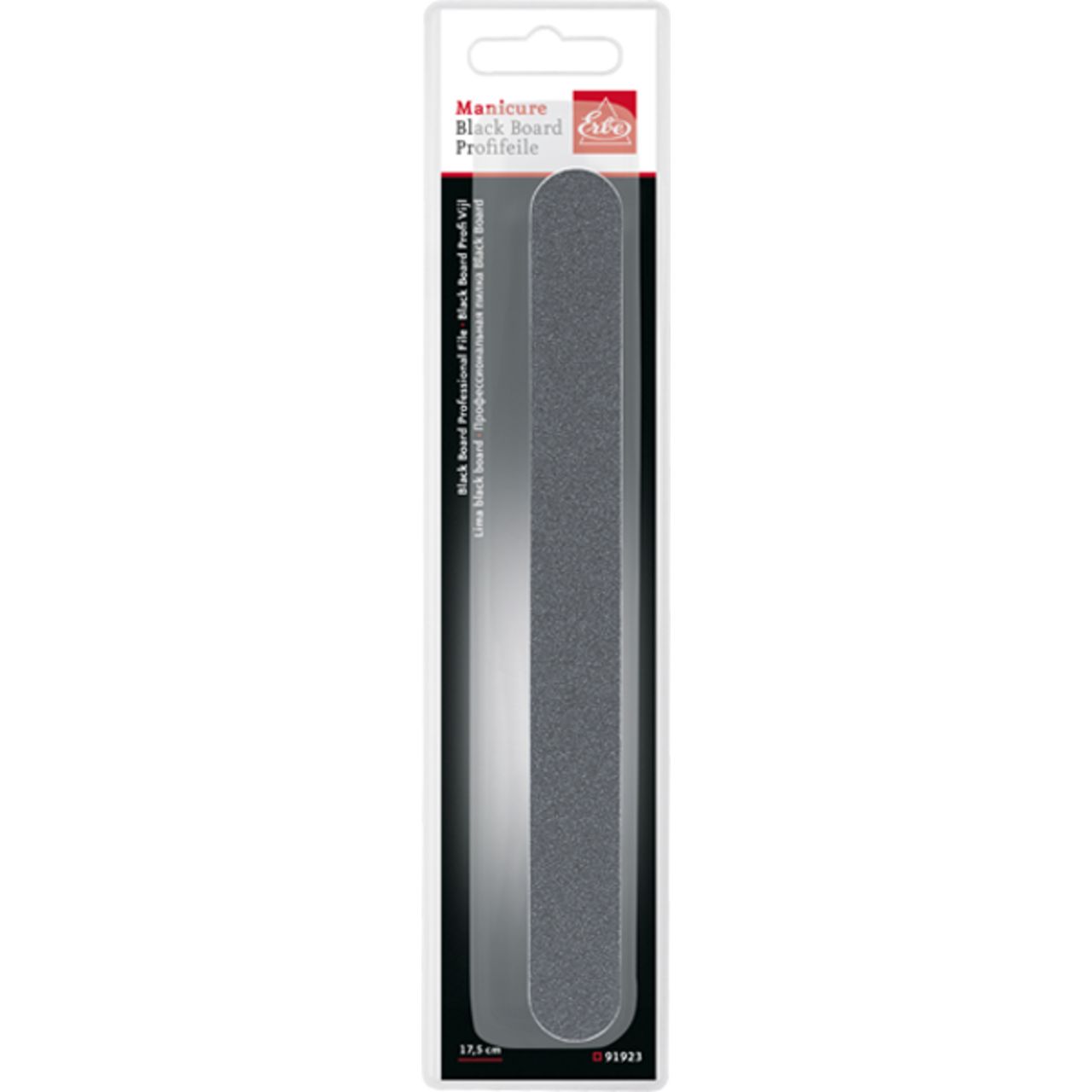 Nagelfeile in Verpackung. Aufdruck: Manicure Black Board Profifeile, 17,5 cm.