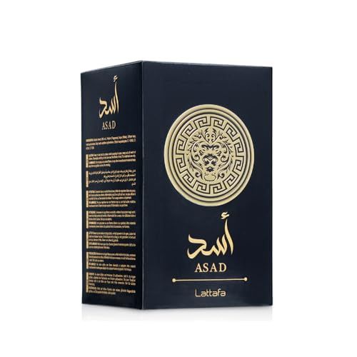Schwarze Box mit goldenem Logo und Schriftzug "ASAD" und "Lattafa".