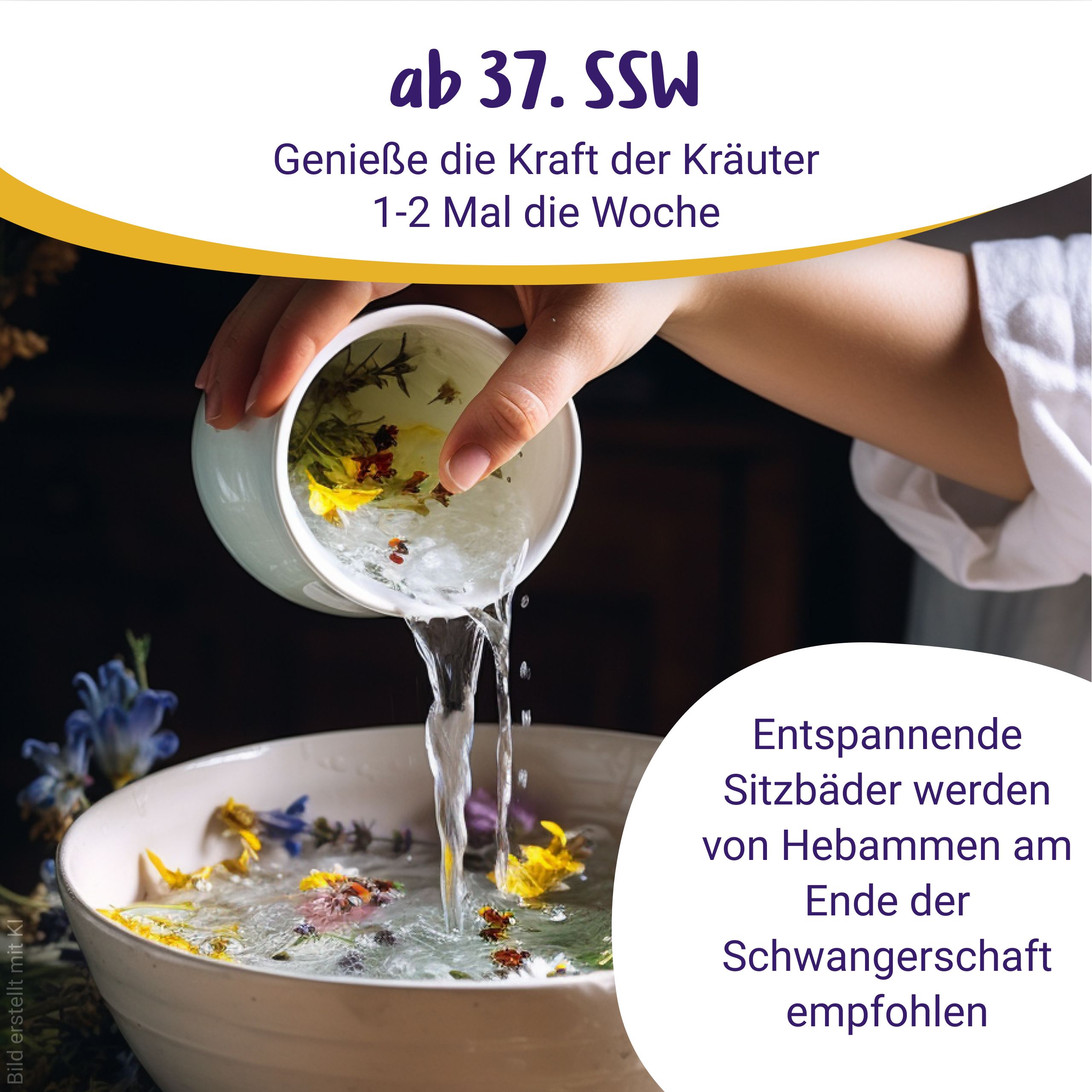 Hand gießt Kräutertee mit Blumen in eine Sitzbadschale, zur Geburtsvorbereitung.