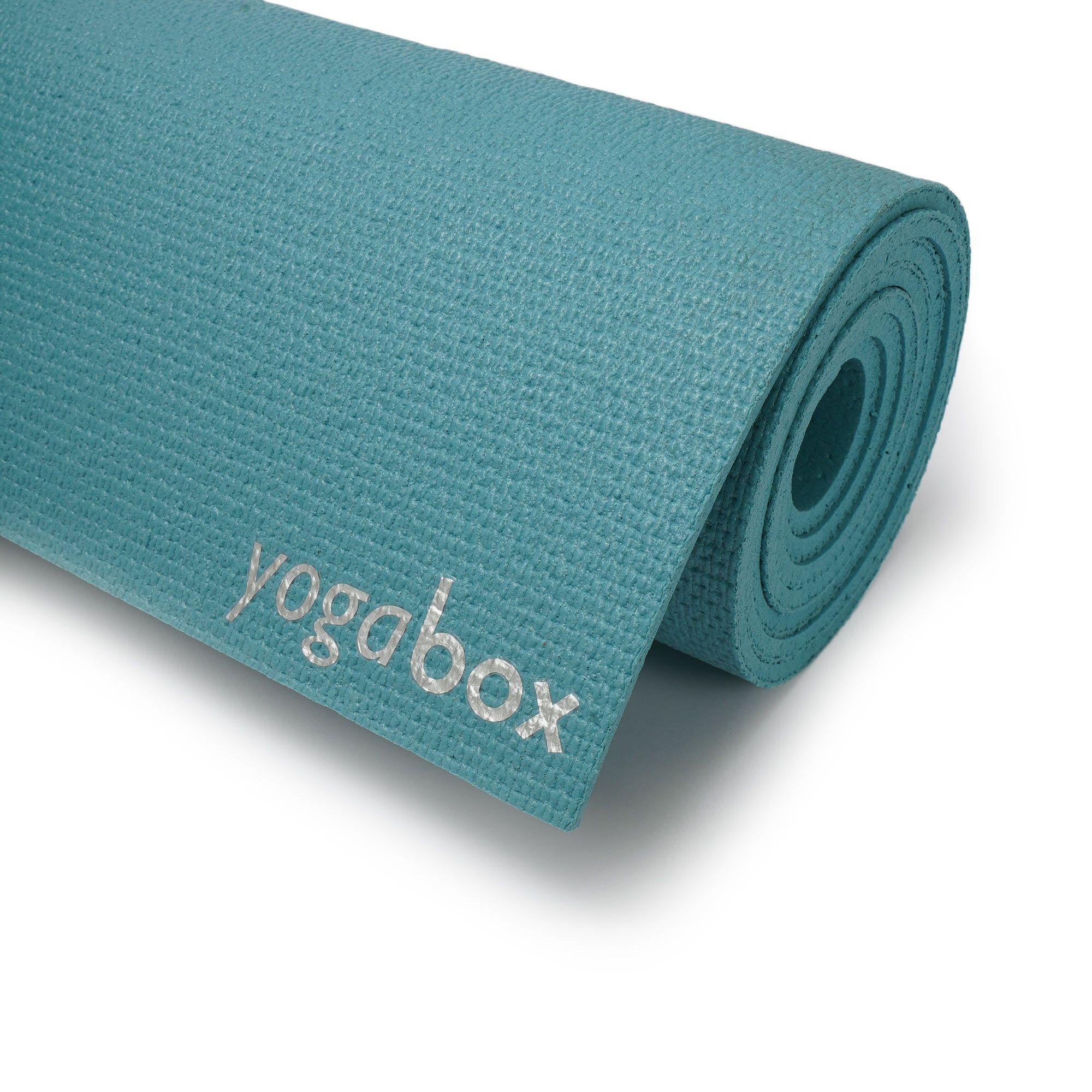 Aqua Yogamatte mit aufgedrucktem 'yogabox' Logo.