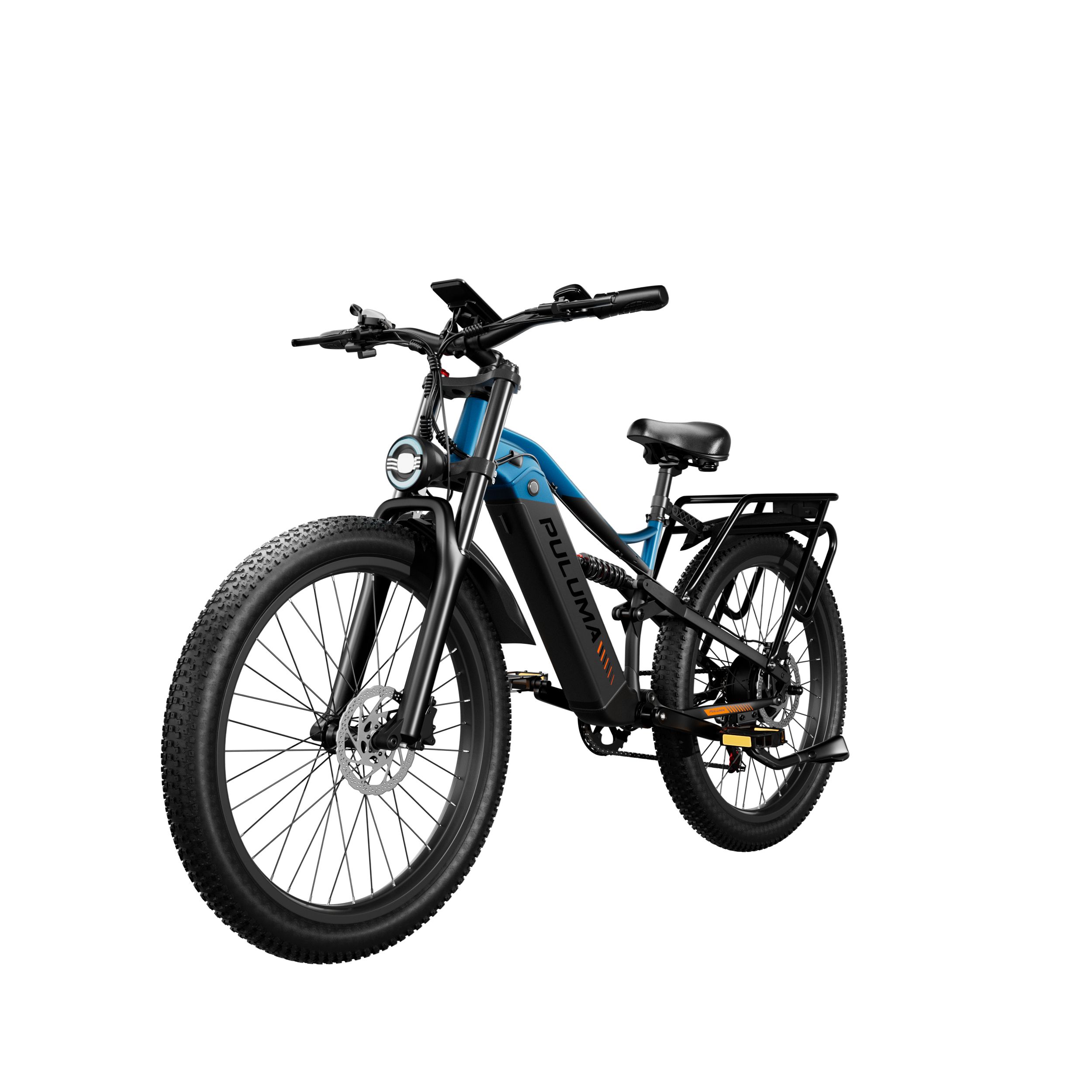 Blau-schwarzes E-Mountainbike mit breiten Reifen, Frontscheinwerfer und Gepäckträger.