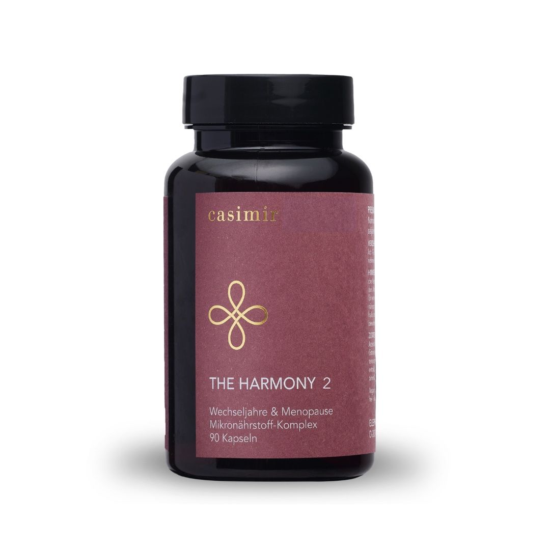 Braune Flasche mit schwarzem Deckel. Etikett mit 'casimir', 'THE HARMONY 2', Logo und Text. 90 Kapseln.