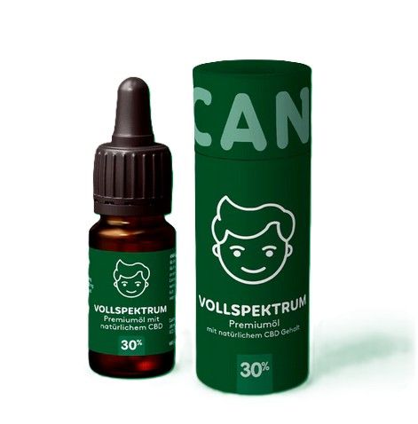 Braune Glasflasche mit Tropfer und grüne Verpackung. Aufschrift: VOLLSPEKTRUM, 30%.