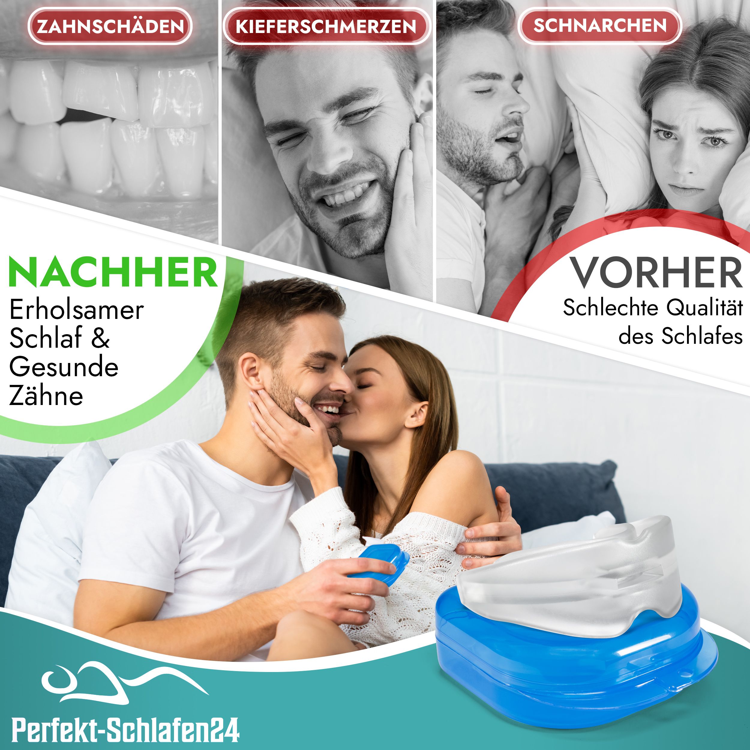 Produkt und Verpackung der Anti-Schnarchschiene. Logo: Perfekt-Schlafen24. Abbildungen: Zähne, Kiefer, Schnarchen. Nachher: Gesunde Zähne, erholsamer Schlaf.