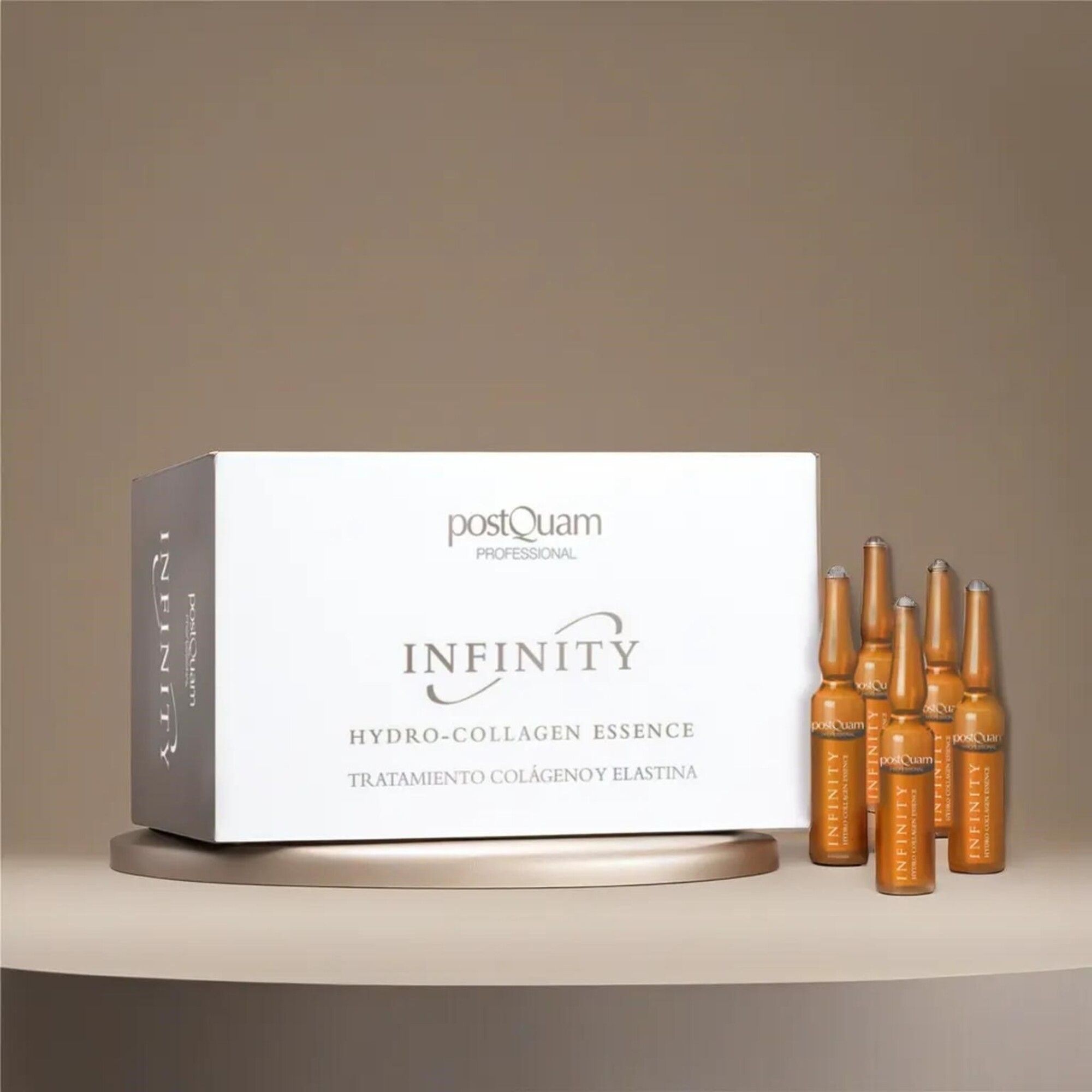 Produktverpackung und Ampullen. Aufschrift: INFINITY Hydro-Collagen Essence. Marke: Postquam Professional. Braune Ampullen.