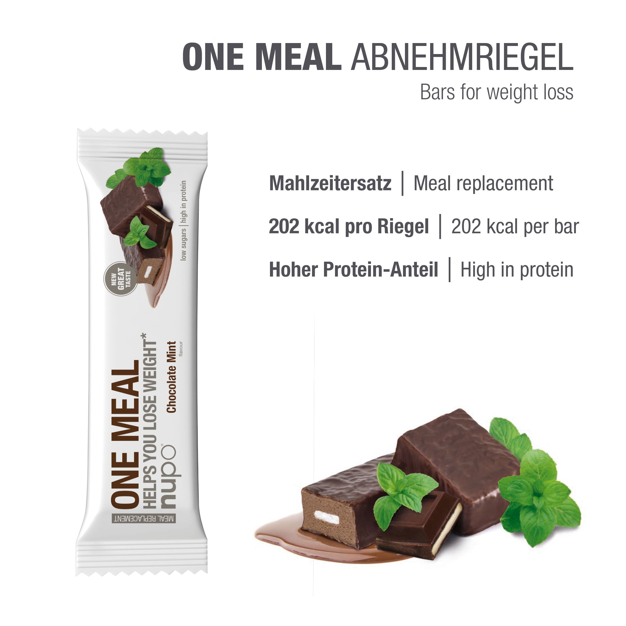 Verpackung eines One Meal Riegels. Schokoladen-Minze-Geschmack. Enthält 202 kcal pro Riegel und ist reich an Proteinen.