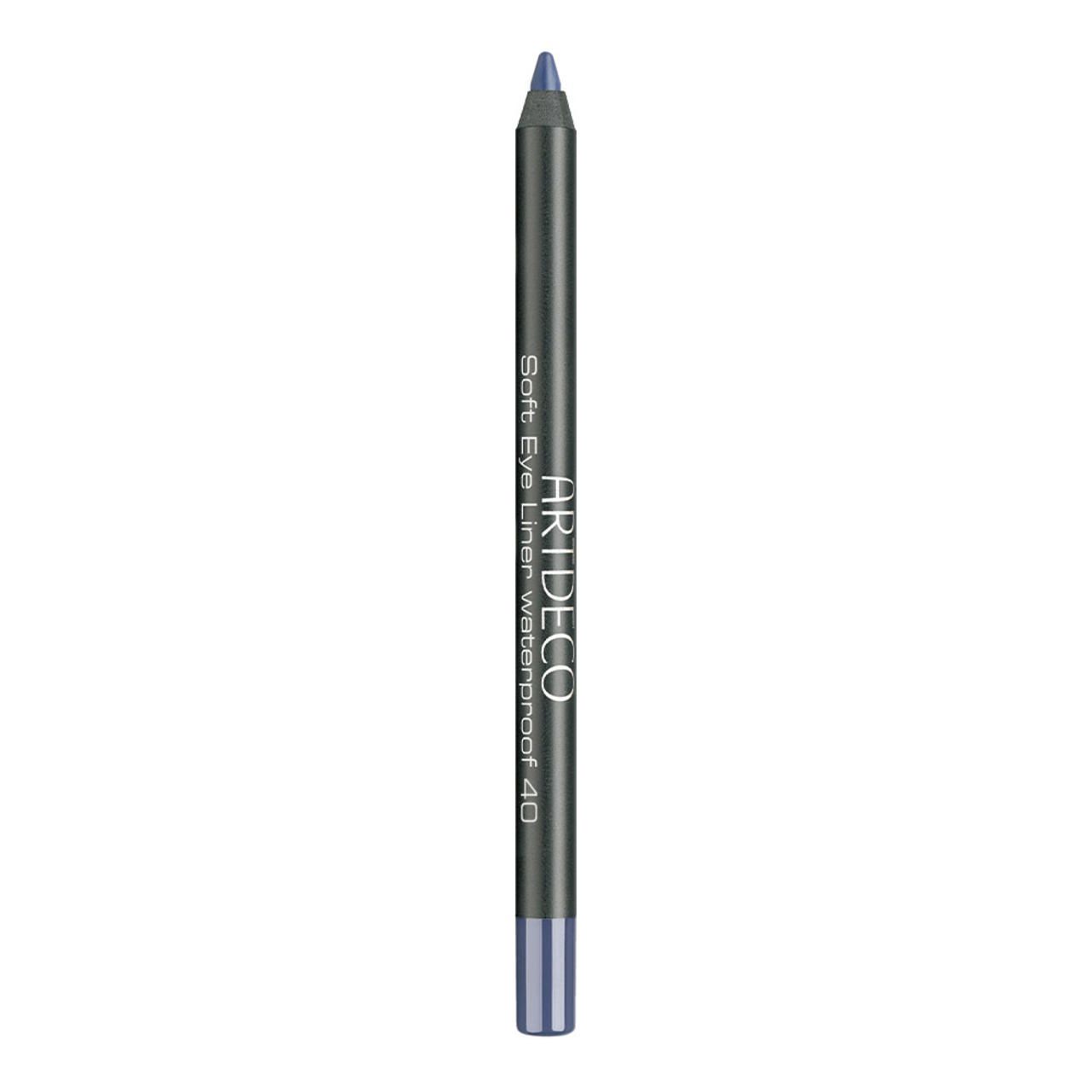 Blauer Artdeco Soft Eye Liner Waterproof, Stift mit Produktbezeichnung. Blaue Spitze und Endkappe.