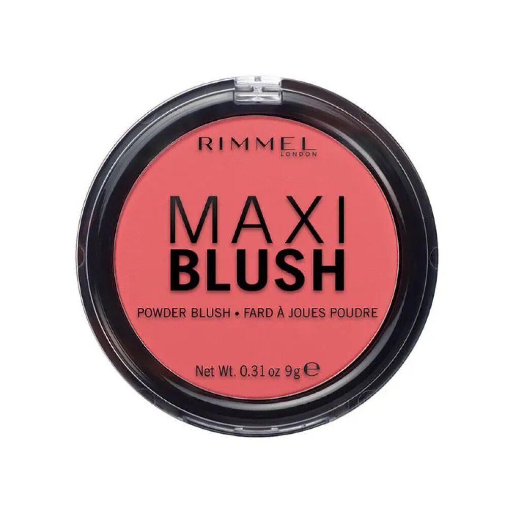 Runder Blush-Puder von Rimmel London. Schwarzer Behälter mit rosafarbenem Puder. Schriftzug MAXI BLUSH und weitere Details.