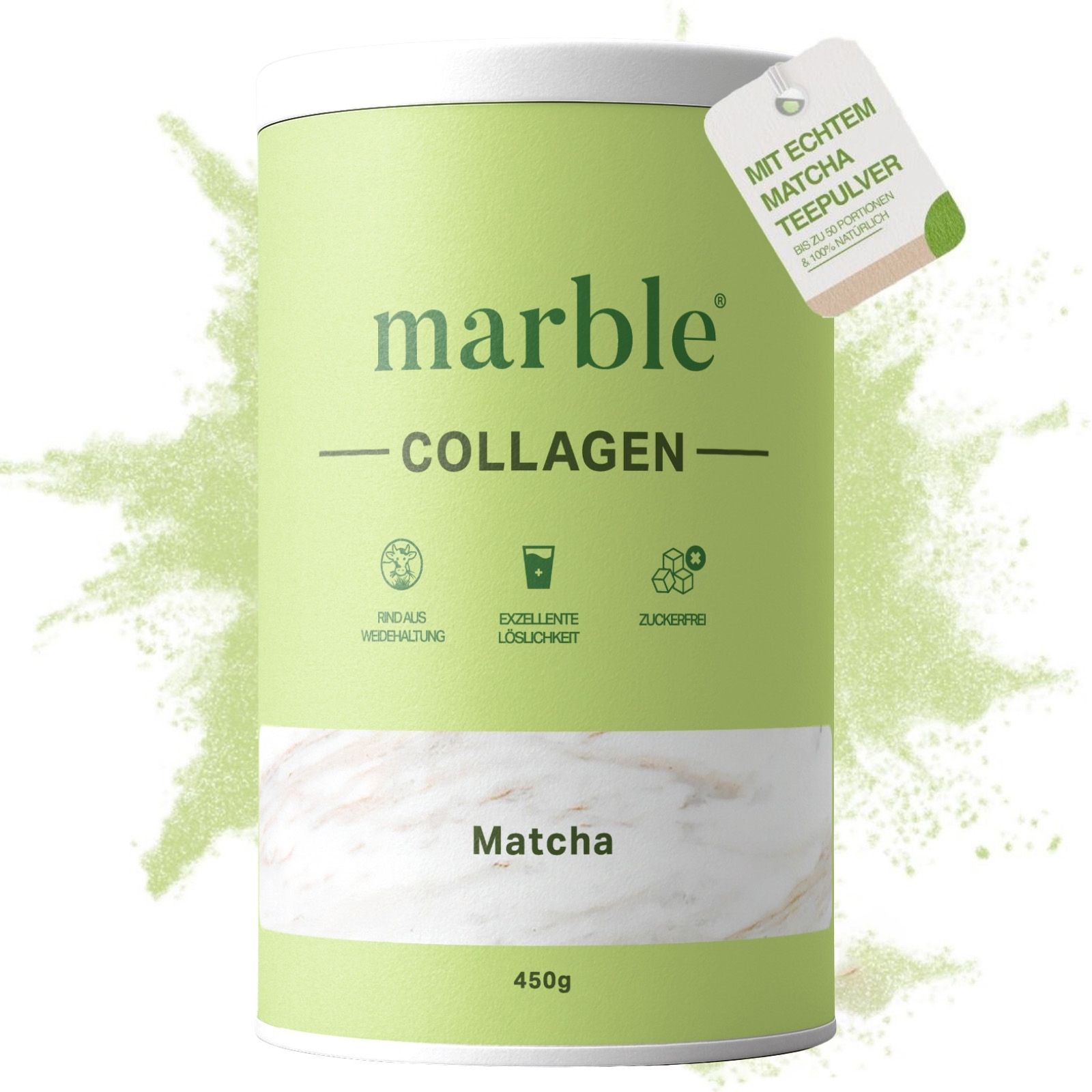 Grüne Dose mit „marble“-Collagen und Matcha-Pulver. Aufkleber mit „Mit echtem Matcha Tee Pulver“. 450g. Logo: Reduzierte Herstellung, exzellente Löslichkeit, zuckerfrei.