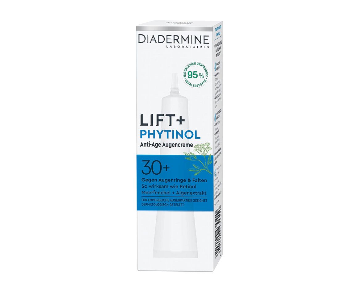 DIADERMINE LIFT+ PHYTINOL Anti-Age Augencreme. Verpackung mit Produktabbildung und Text. FSC-Siegel.