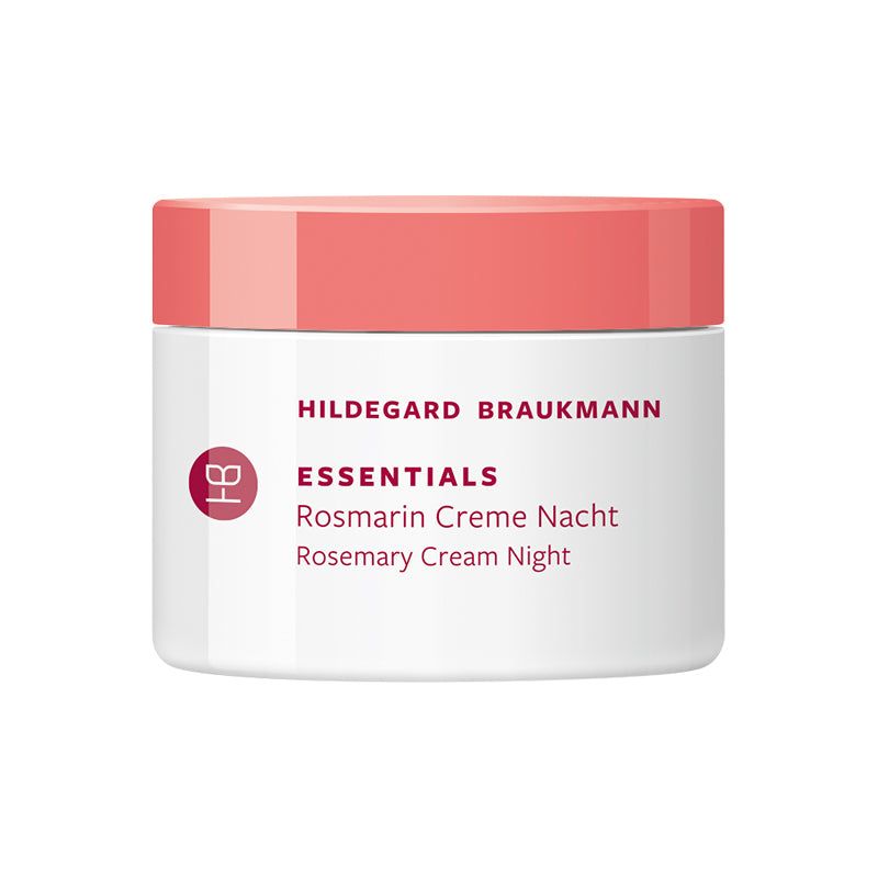 Creme-Tiegel mit rosa Deckel. Aufschrift: Hildegard Braukmann Essentials Rosmarin Creme Nacht.