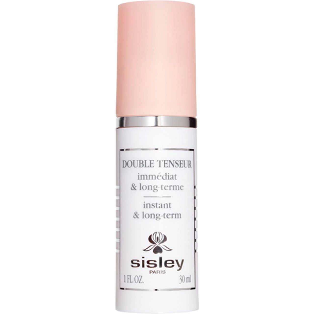 Kosmetikflasche mit rosa Deckel. Aufschrift: Double Tenseur, Sisley. 1 fl.oz. 30 ml.