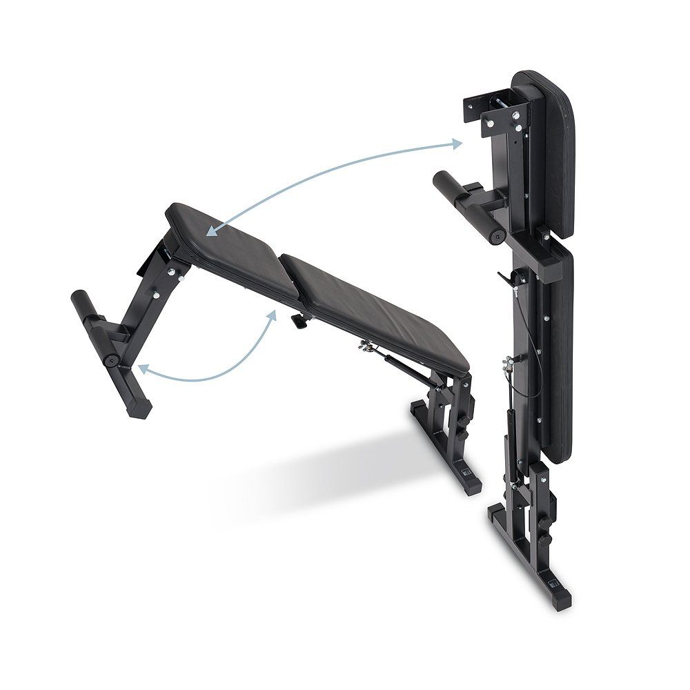 Klappbare Trainingsbank, schwarz, in zwei Positionen gezeigt: zusammengeklappt und ausgeklappt.