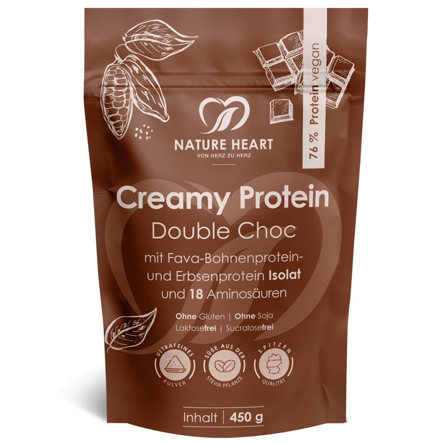 Braune Verpackung mit "Nature Heart Creamy Protein Double Choc". Enthält 76% Protein, vegan. Ohne Gluten, Soja, Laktose.
