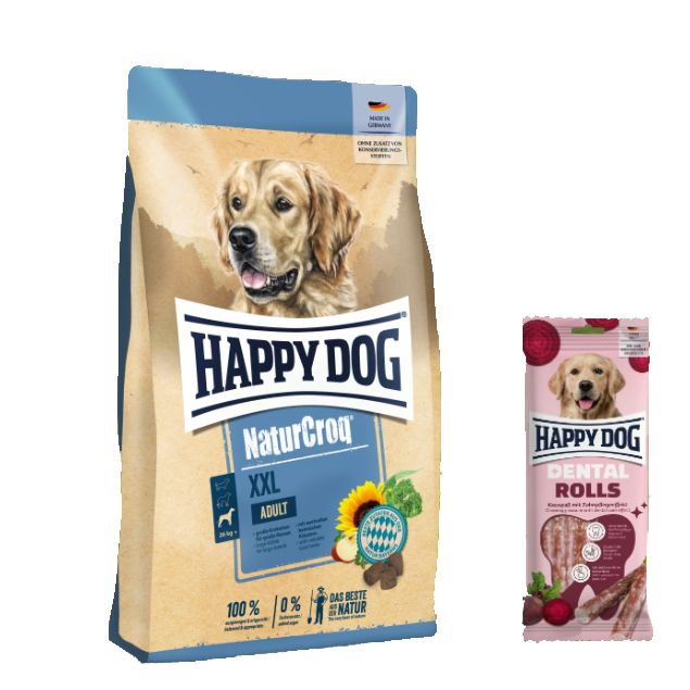 Happy Dog Premium NaturCroq XXL + Dental Rolls für Hunde 15,1 kg