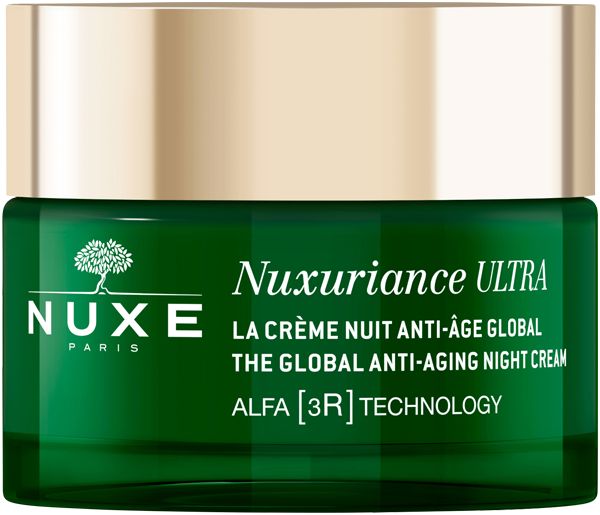 Grüne Creme-Dose mit goldenem Deckel. Aufschrift: NUXE, Nuxuriance ULTRA, Anti-Aging Nachtcreme.