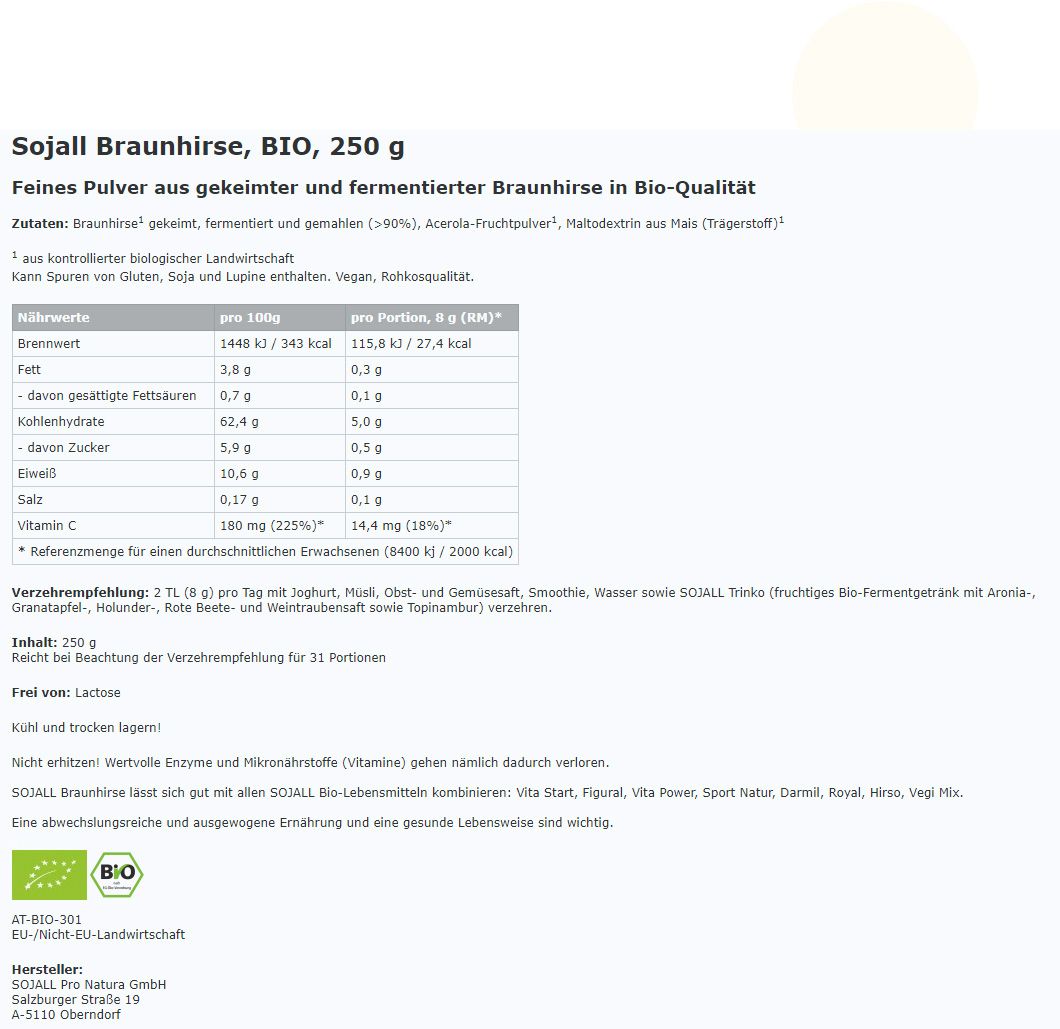 Sojall Braunhirse von Pro Natura 250 g Pulver