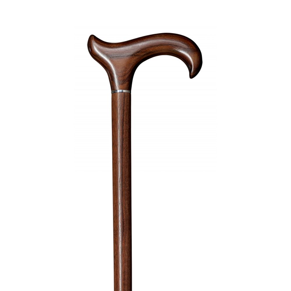 Gehstock aus Holz mit Derby-Griff. Dunkelbraune Farbe. Silberfarbener Ring am Übergang zum Griff.