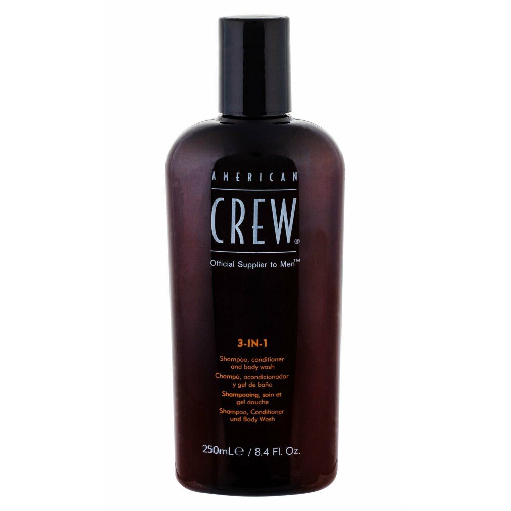 American Crew 3-in-1 Shampoo, Conditioner und Body Wash in brauner Flasche mit schwarzem Verschluss.