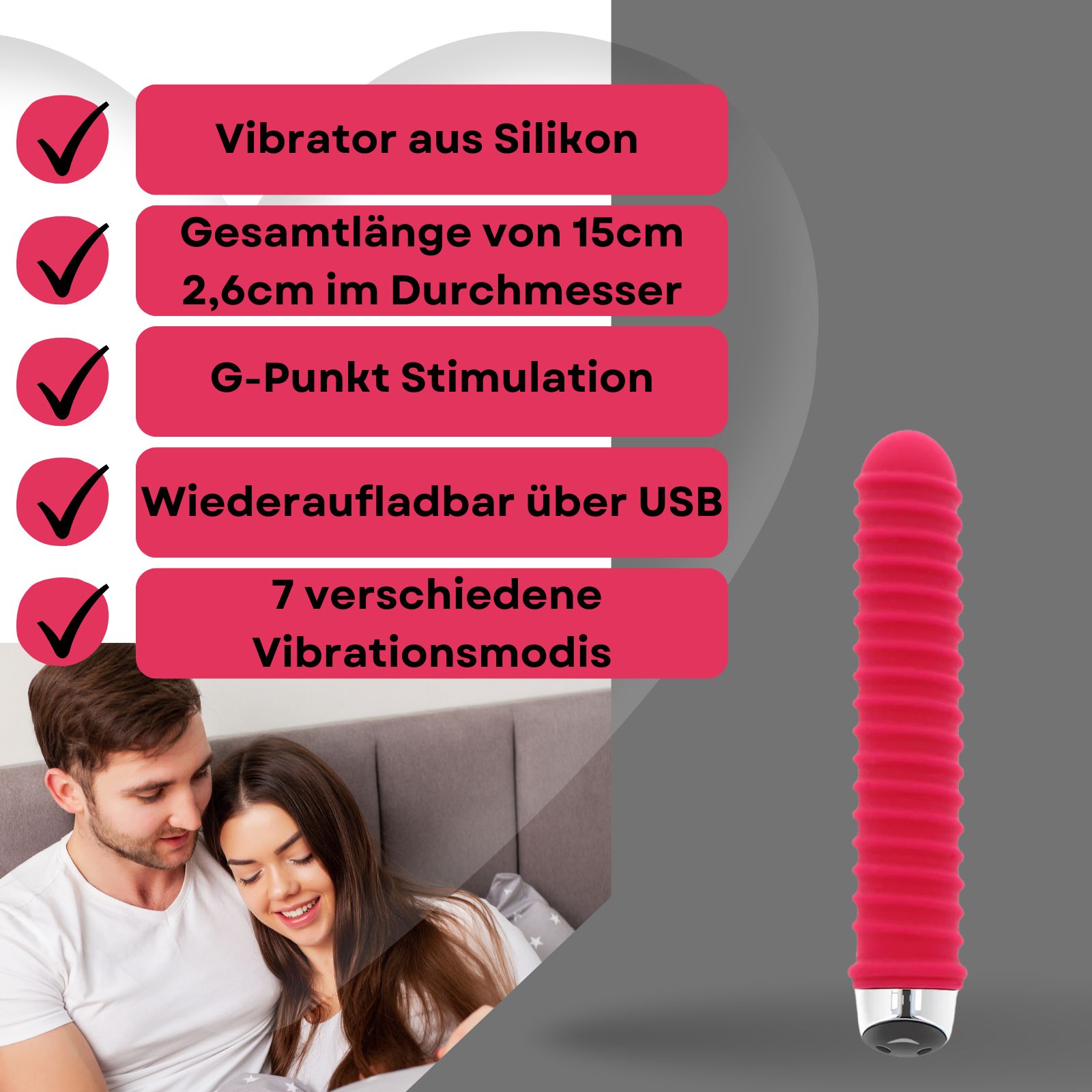 Roter Vibrator mit Rillen. Text mit Produktmerkmalen. Paar im Hintergrund. 15 cm lang, 2,6 cm Durchmesser.