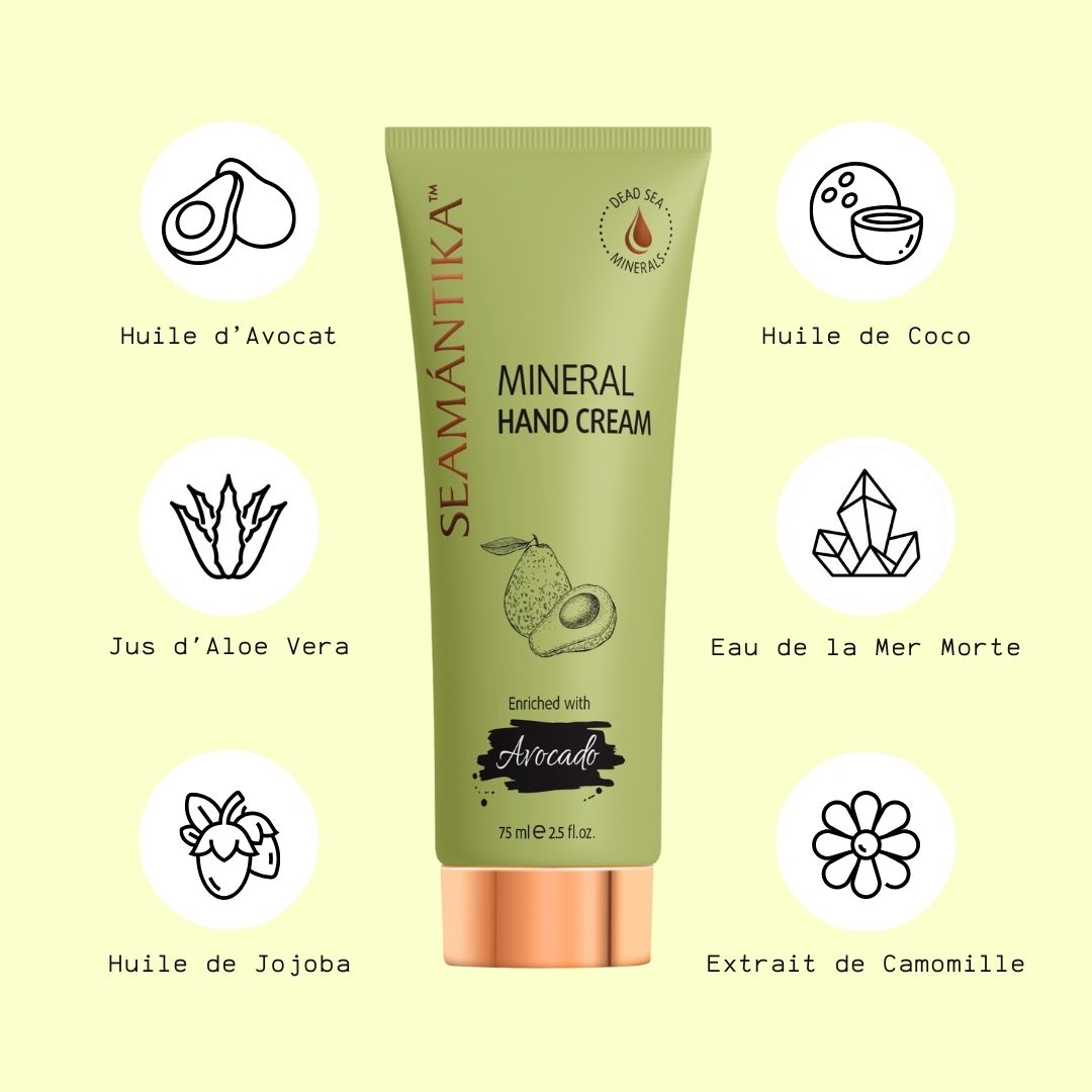 Tube de crème pour les mains verte avec icônes d'ingrédients. Texte: SEAMANTIKA, Mineral Hand Cream, Avocado. Ingrédients: huile d'avocat, etc.