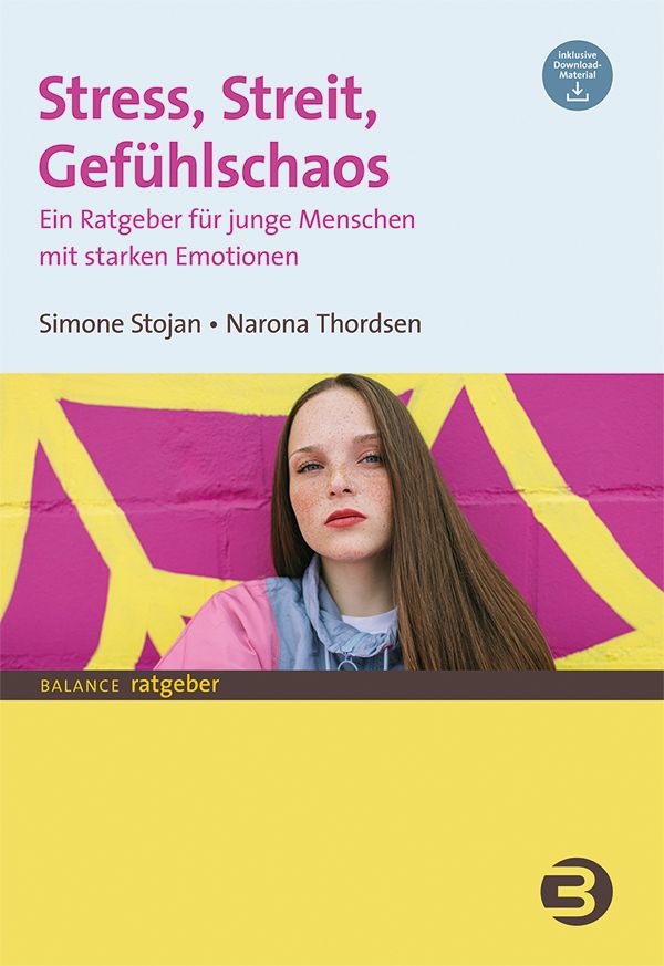 Buchcover: "Stress, Streit, Gefühlschaos". Titel, Autoren, und eine junge Frau vor Graffiti. Logo "BALANCE ratgeber".