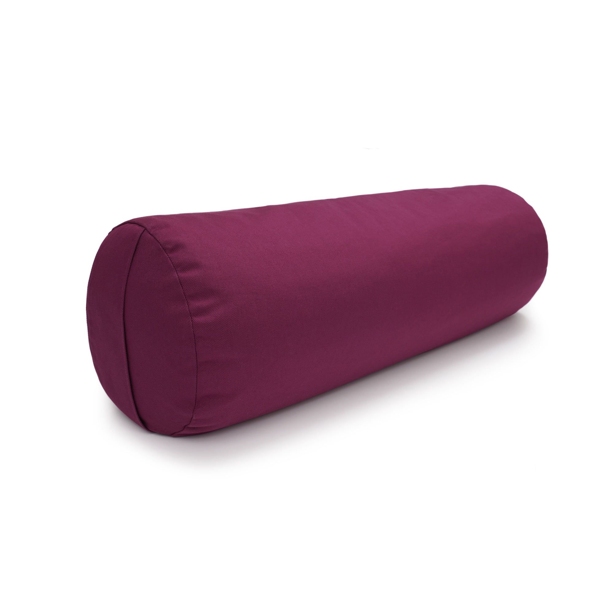 Auberginefarbenes Yoga Bolster, zylindrisch, mit abgerundeten Enden.