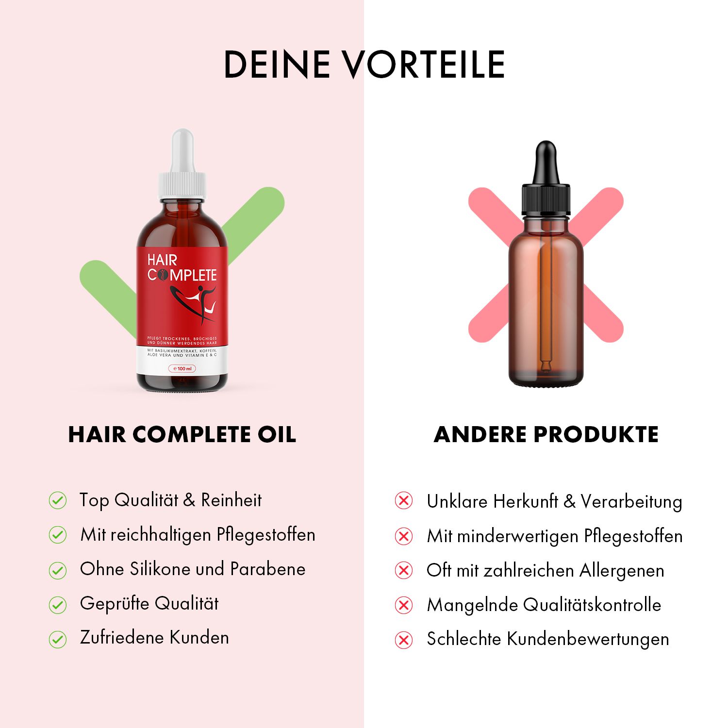 Vergleich von HAIR COMPLETE OIL mit anderen Produkten. HAIR COMPLETE OIL: grüne Haken. Andere Produkte: rote Kreuze. Braune Flasche.