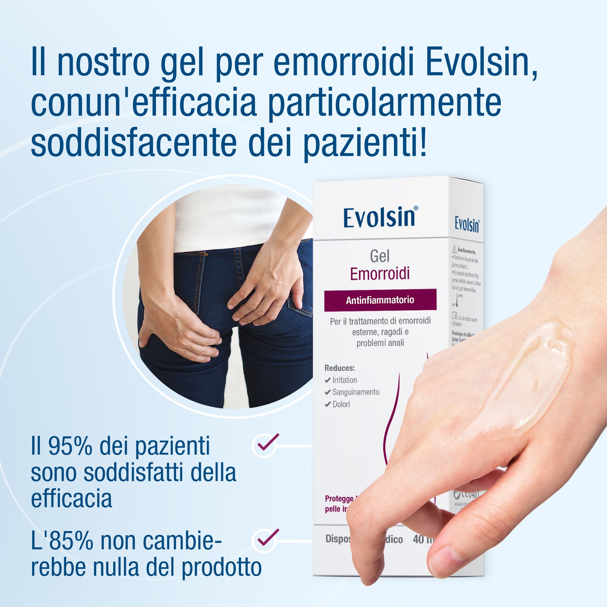 Tubo e scatola di gel. Scritta: Evolsin® Gel Emorroidi. 40 ml. Illustrazioni.