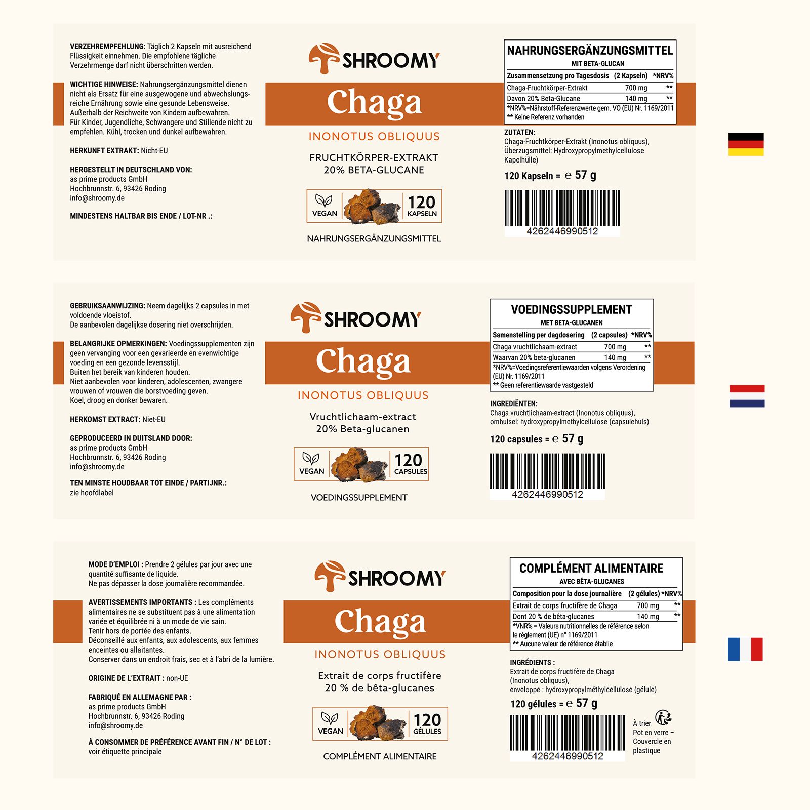 Drei Etiketten von SHROOMY Chaga Kapseln. Informationen zu Inhaltsstoffen, Dosierung und Nährwerten. Vegan-Siegel, 120 Kapseln.