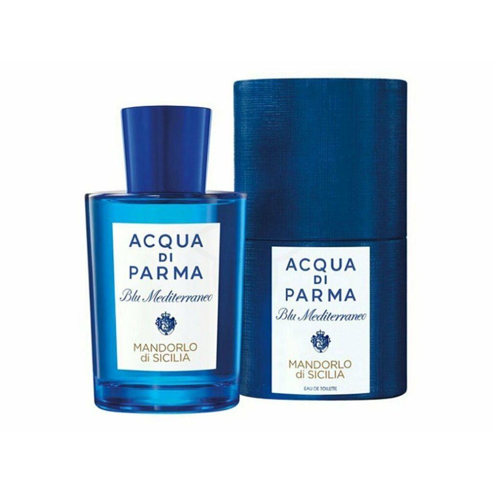 Blaues Parfümflakon und zylindrische Verpackung. Aufschrift: Acqua di Parma Blu Mediterraneo Mandorlo di Sicilia.