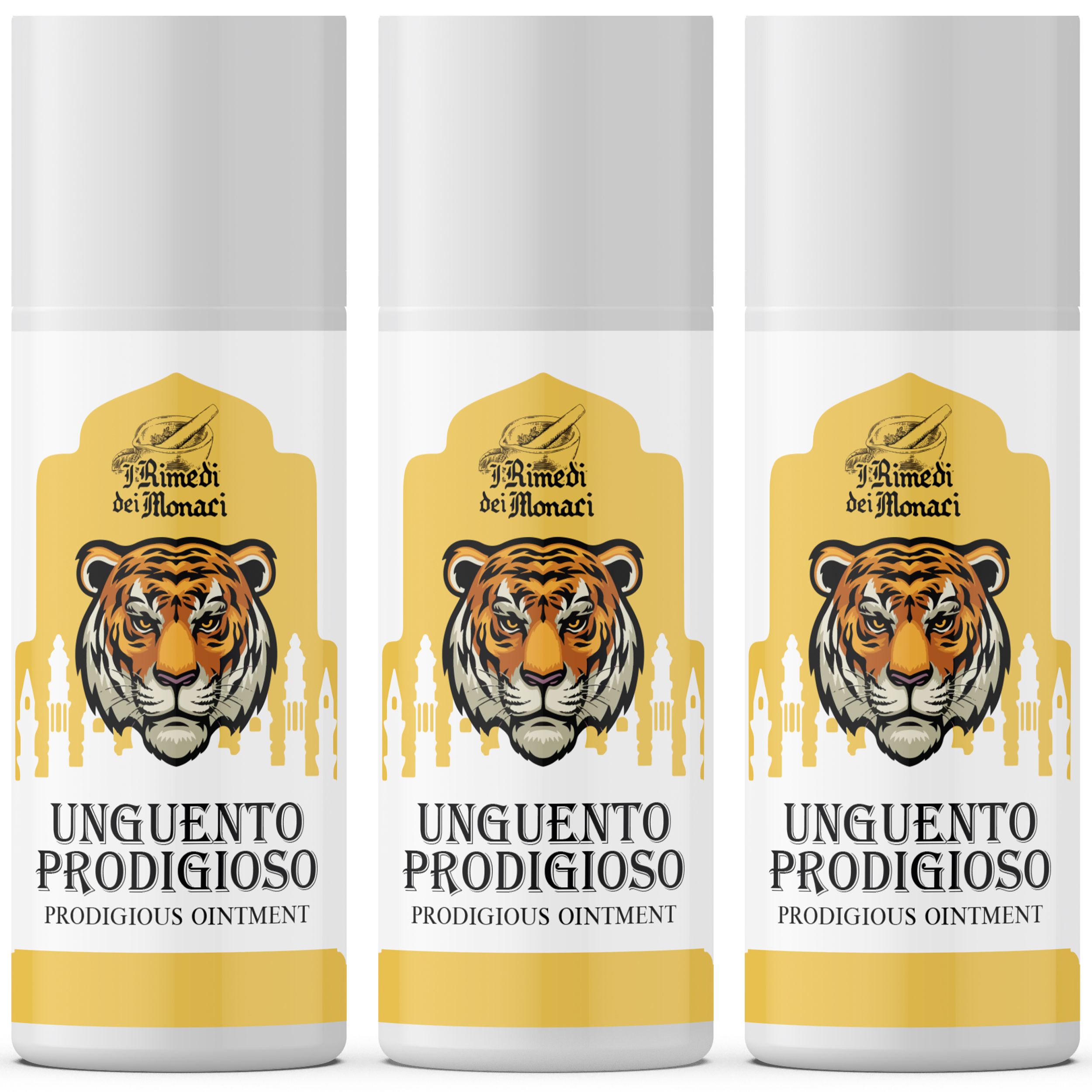 Drei weiße Tuben mit gelben Etiketten. Auf den Etiketten sind ein Tigerkopf, der Schriftzug „Unguento Prodigioso“ und der Markenname abgebildet.