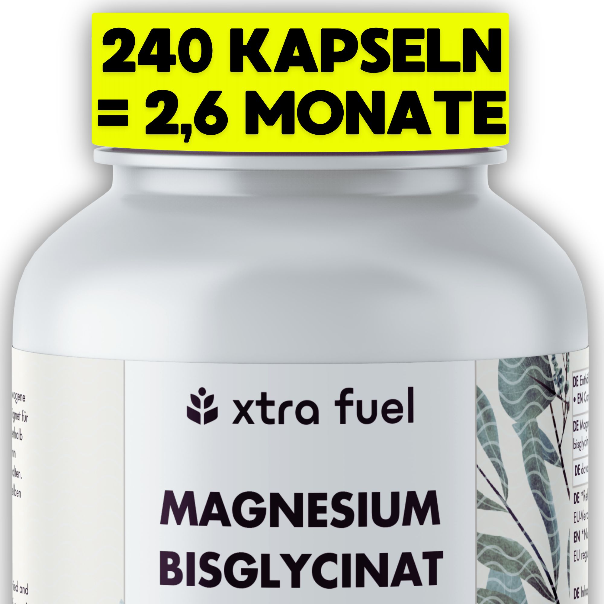 Flasche mit XTRA FUEL Magnesium Bisglycinat Kapseln, 240 Stück.