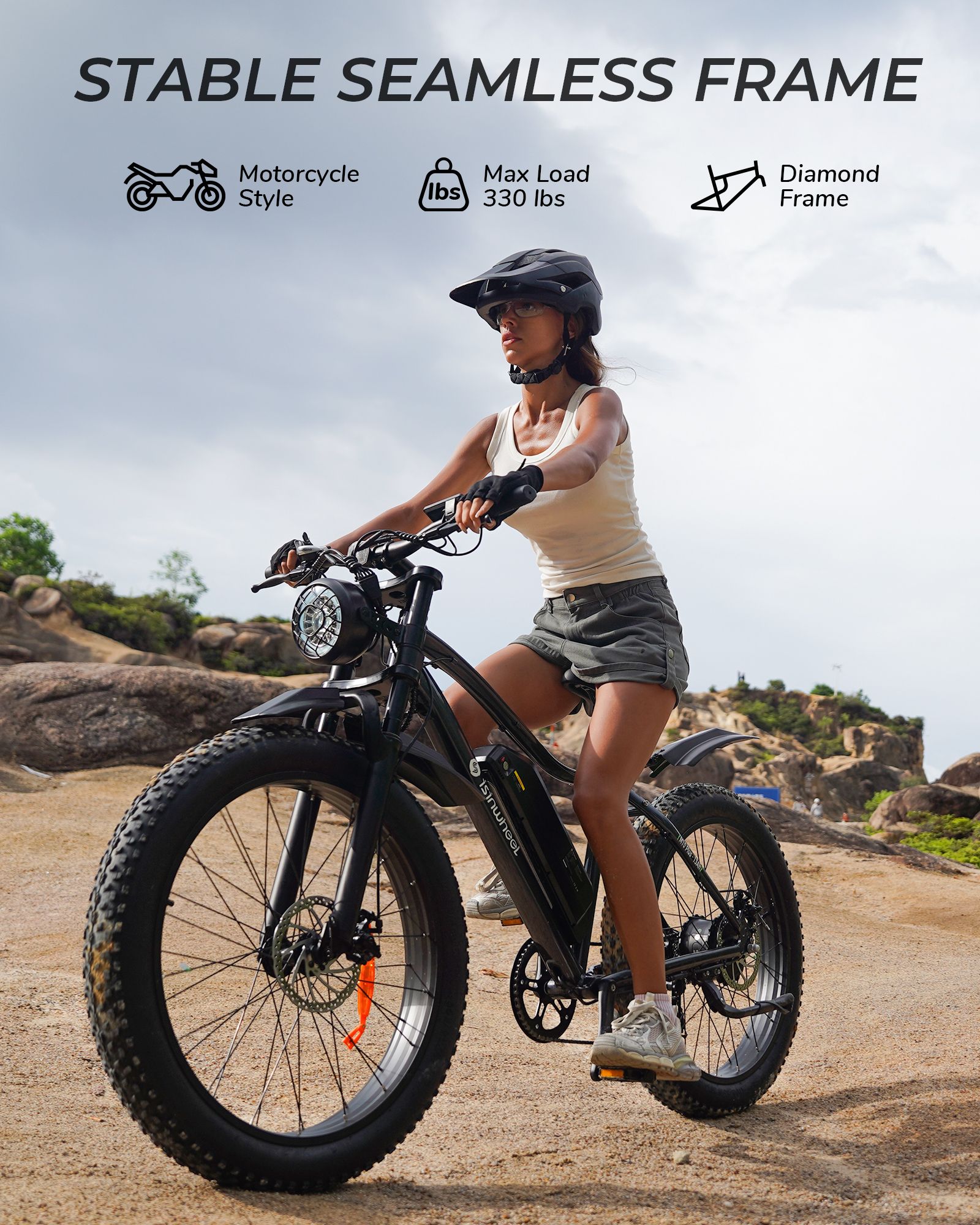 Person fährt ein schwarzes E-Bike. Text: 'STABLE SEAMLESS FRAME'.