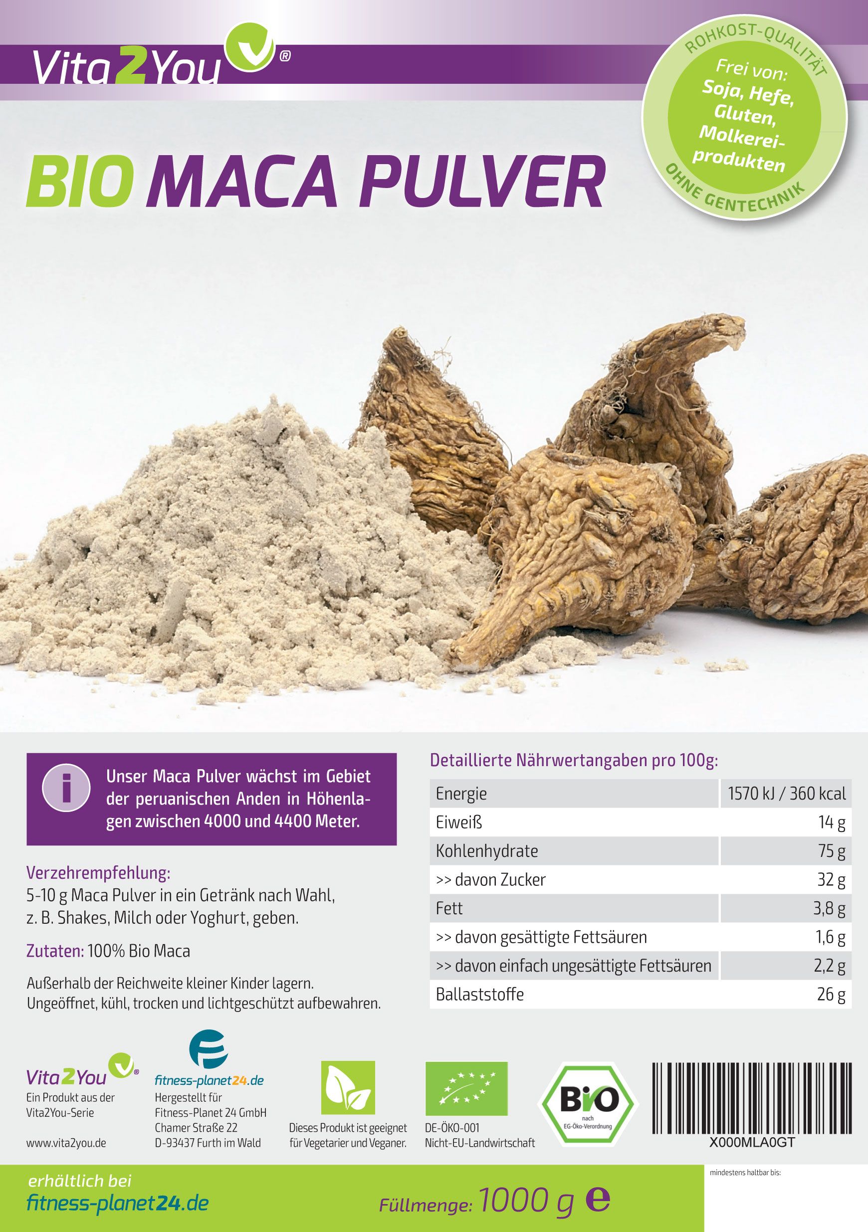 BIO Maca Pulver, offene Packung mit Pulver und Maca-Wurzeln. Text: BIO, Nährwertangaben, 100% Bio Maca, 1000g.