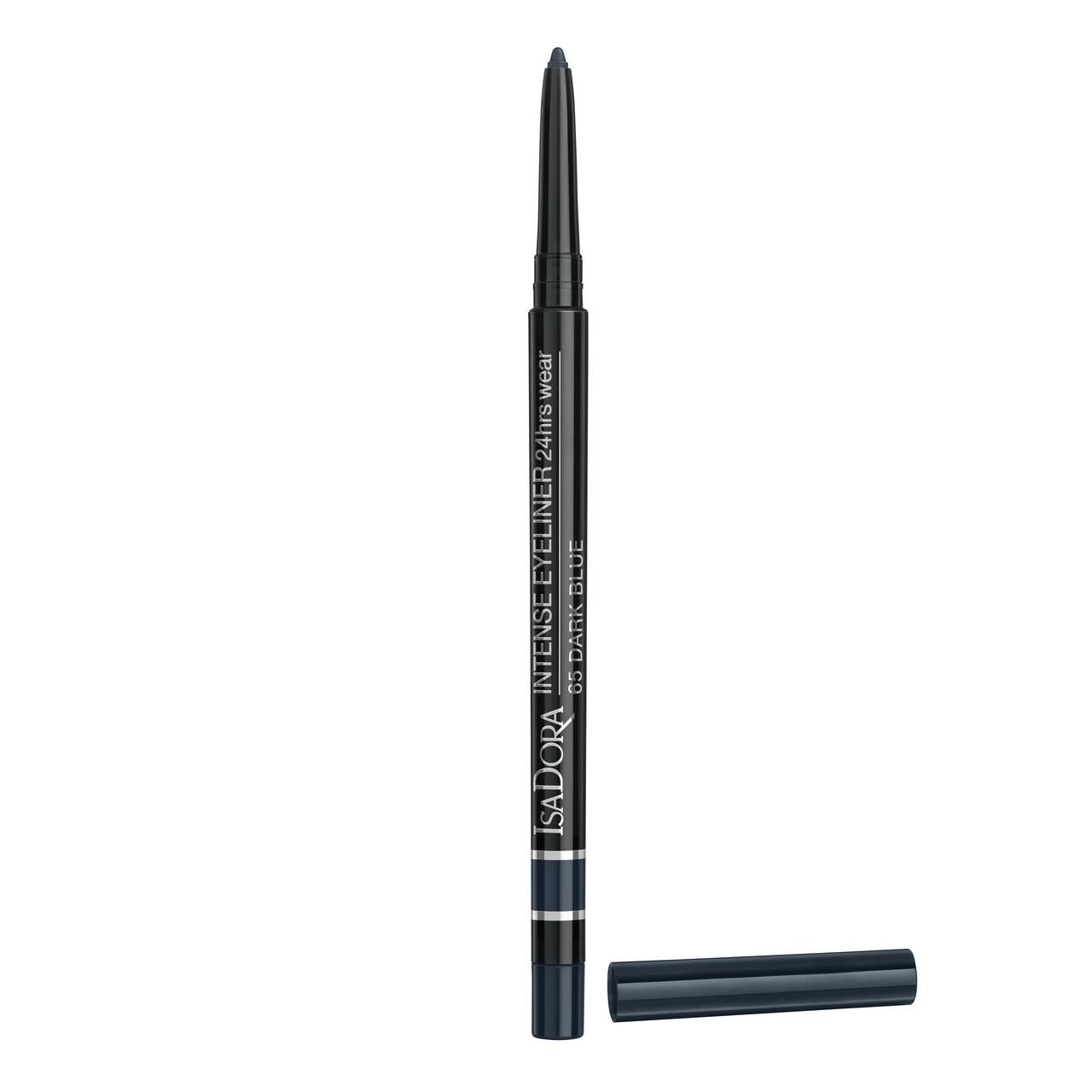 IsaDora Intense Eyeliner. Dunkelblauer Stift mit schwarzer Spitze und Kappe. Produktname und Details sind auf dem Stift aufgedruckt.