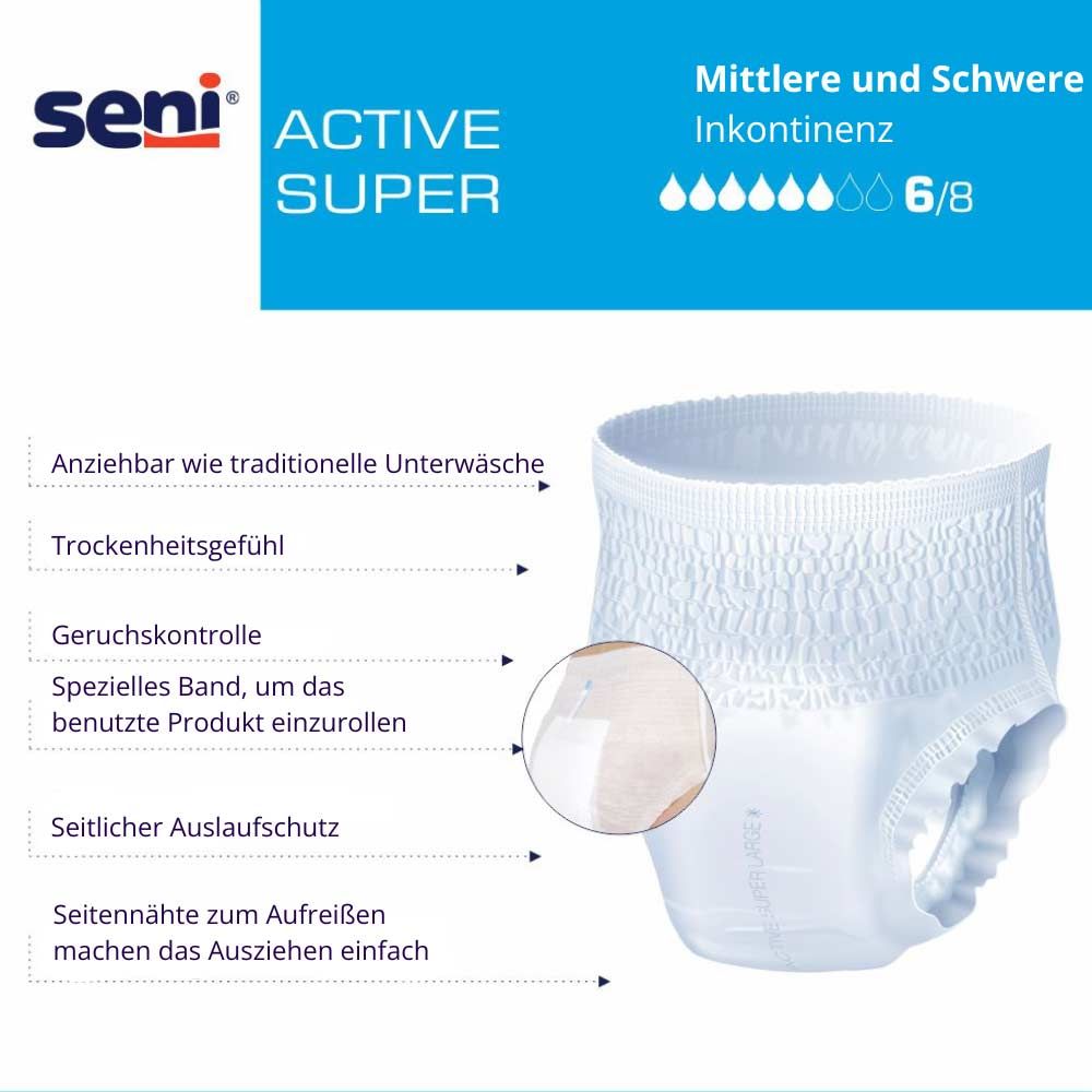 Produkt Seni Active Super mit Text und Illustrationen. Inhaltsangaben: Trockenheitsgefühl, Geruchskontrolle, seitlicher Auslaufschutz.