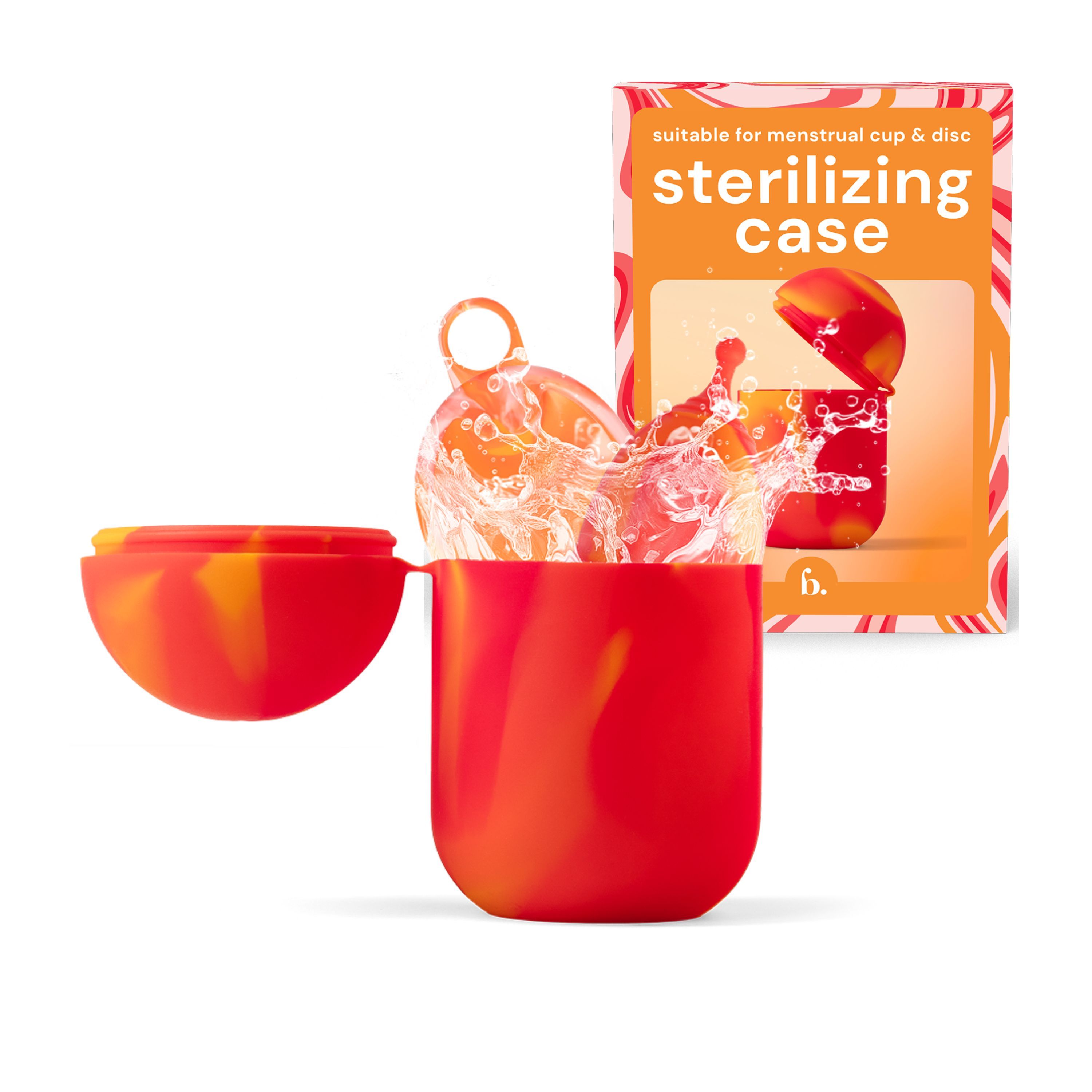 Roter und oranger Sterilisationsbehälter für Menstruationstassen und -scheiben, mit Spritzwasser-Effekt.