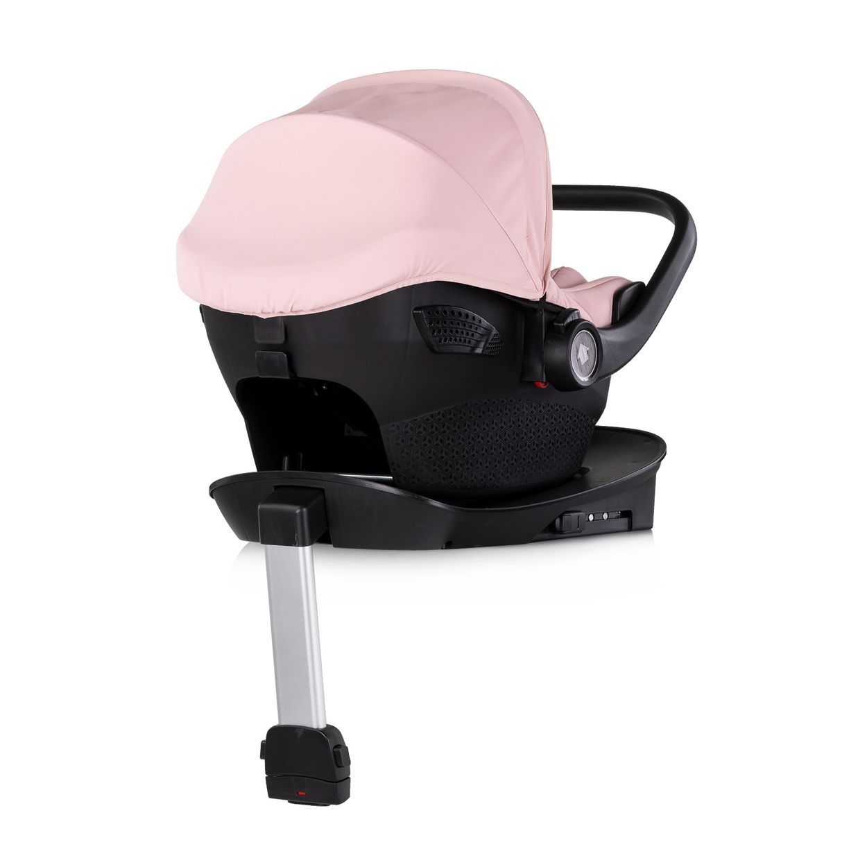 Rosa Babysitz mit schwarzer Basis und verstellbarem Griff. Enthält eine Kapuze und Sitzpolsterung.