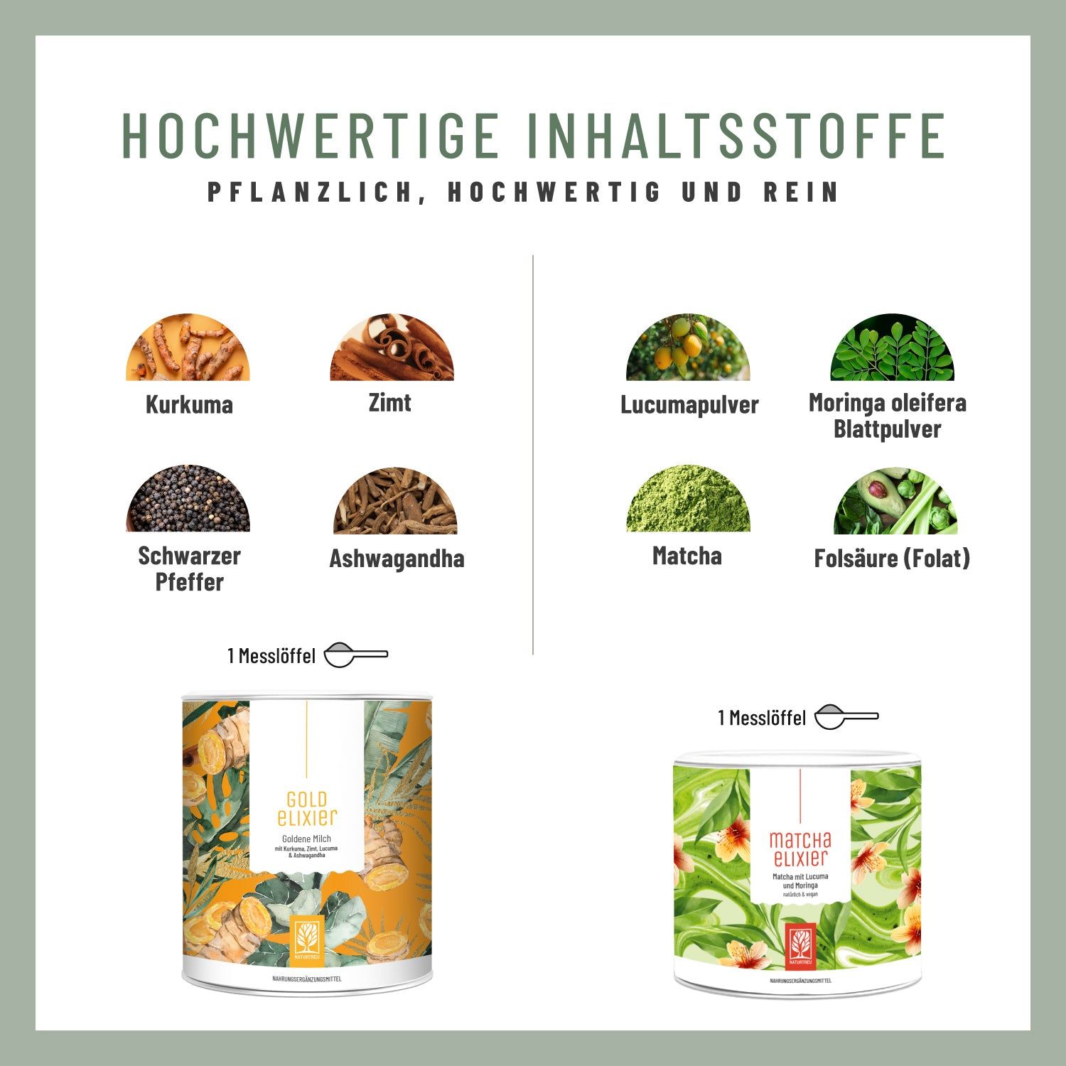 Grafik mit Zutaten: Kurkuma, Zimt, Lucuma, Moringa, Schwarzer Pfeffer, Ashwagandha, Matcha, Folsäure. Zwei Dosen und ein Messlöffel.