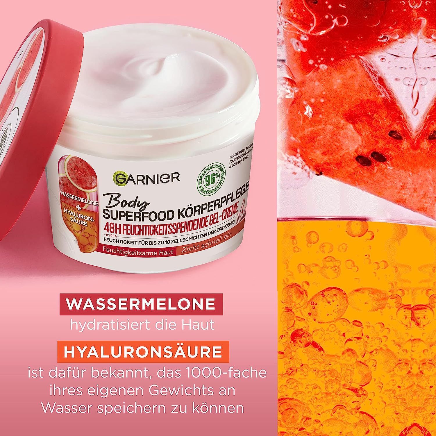 Offener Tiegel mit Creme. Daneben Wassermelone und Hyaluronsäure. Text: 48h Feuchtigkeit.