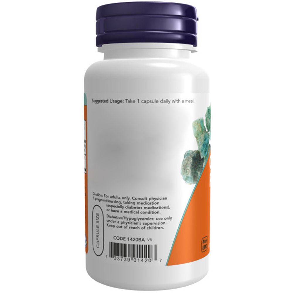 Weiße Flasche mit blauem Deckel. Aufschrift: "Chromium Picolinate 200 mcg". Enthält 100 Veg-Kapseln. Vegan.