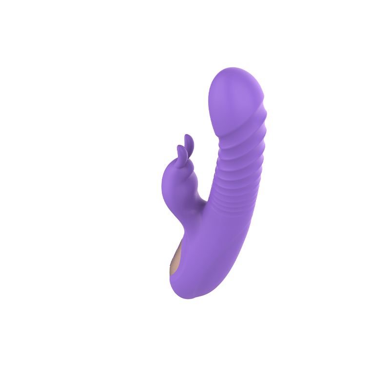 Lila Vibrator mit geriffelter Oberfläche und Hasenohren. Drei goldfarbene Knöpfe.