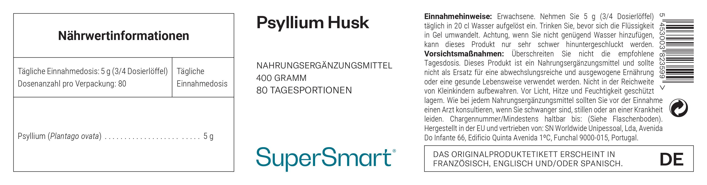 Behälter mit "Psyllium Husk" und "SuperSmart"-Logo. Enthält 400 Gramm. Text in Deutsch.