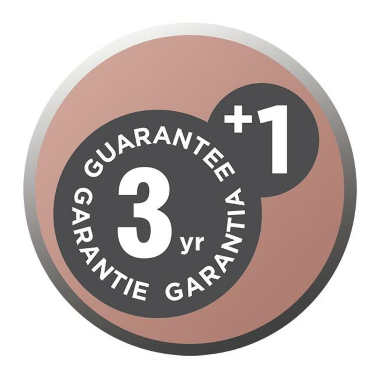 Rundes Symbol mit 3 Jahren Garantie und +1 Jahr. Text: GARANTIE, GARANTIA.