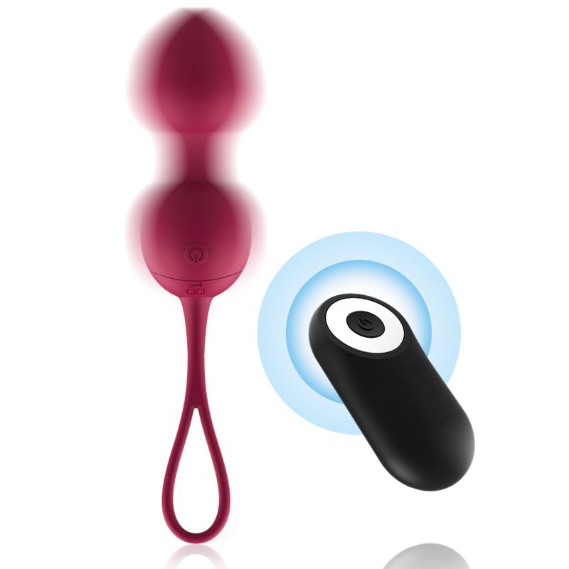Burgunderfarbene Kegel-Kugeln mit Schlaufe und Fernbedienung. Die Kugeln haben eine runde Form. Die Fernbedienung ist schwarz.