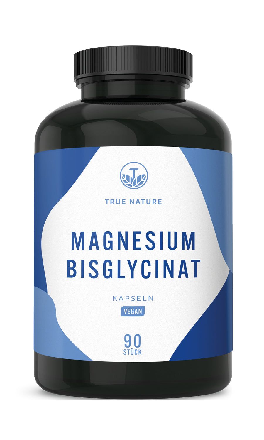Dunkle Flasche mit blauer Banderole. Aufschrift: Magnesium Bisglycinat, Kapseln, Vegan, 90 Stück.