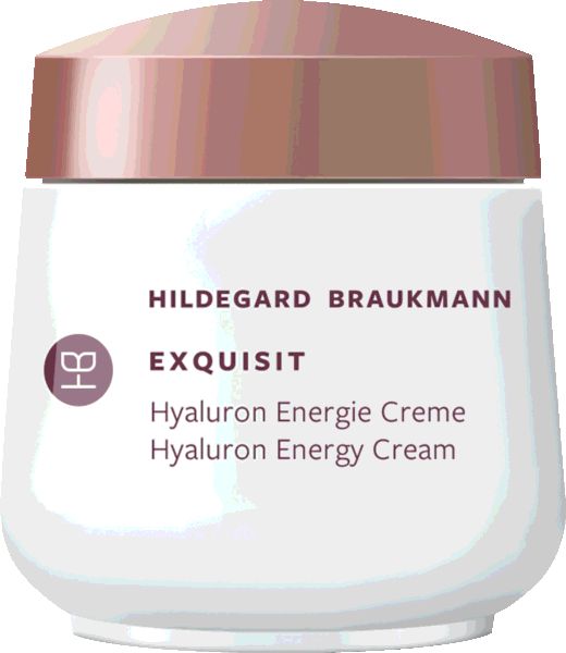 Creme-Tiegel mit rosafarbenem Deckel. Aufschrift: Hildegard Braukmann, Exquisit, Hyaluron Energie Creme. Logo links.